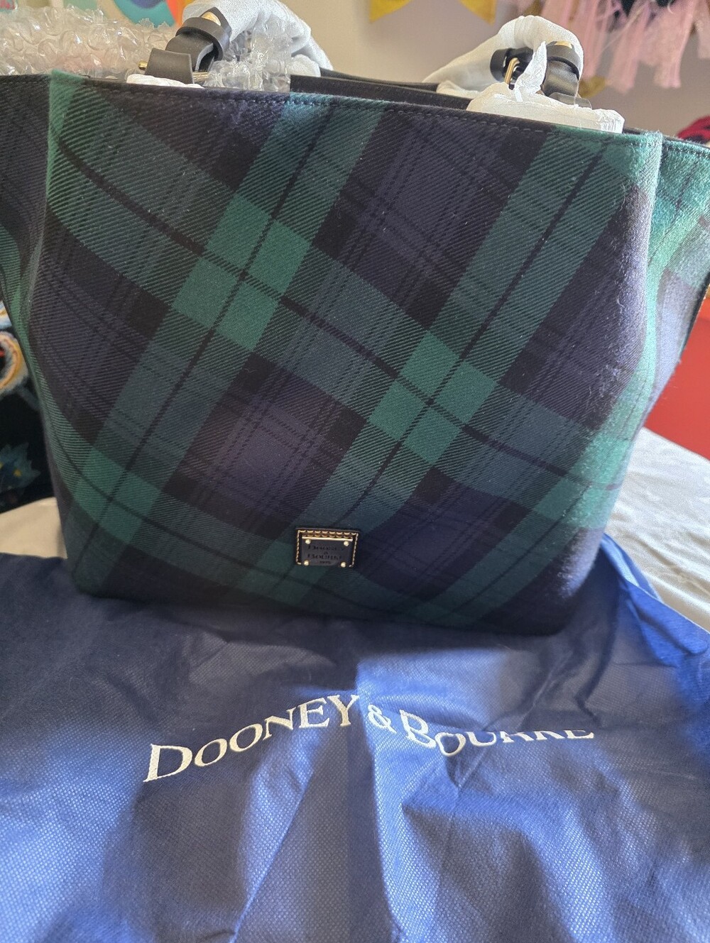 Dooney & Bourke Black and Green And Navy Plaid Tote Brand New